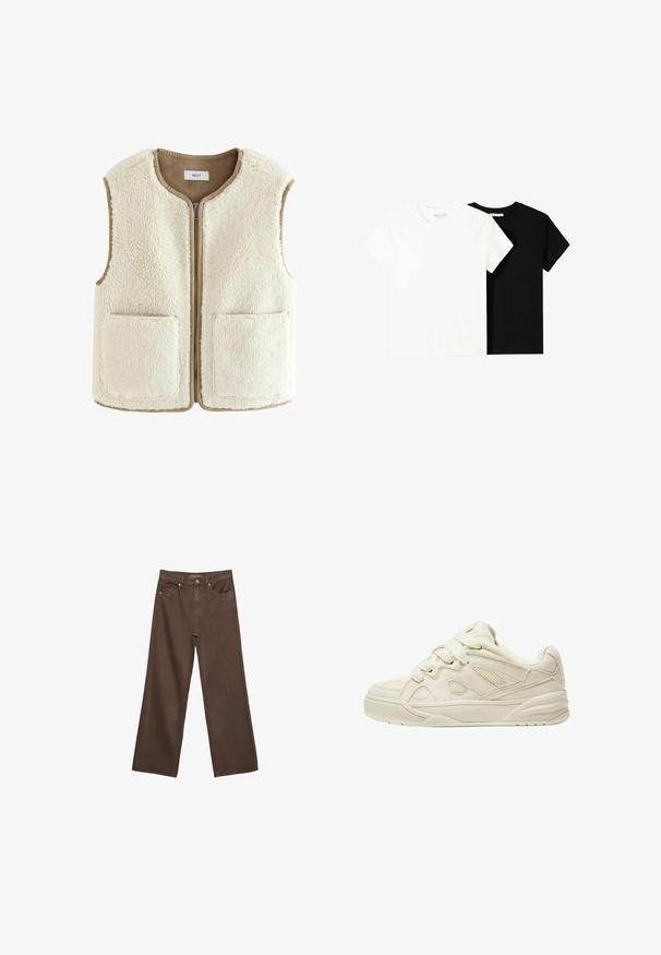 Cremfarbener Kunstpelz-Weste mit einem Reißverschluss vorne, rundem Hals und zwei Fronttaschen. Die Ränder sind mit einem kontrastierenden beigen Besatz versehen. Weiche Textur über die gesamte Weste.; Zwei kurzärmelige T-Shirts, eines weiß und eines schwarz, aus Baumwolle. Beide haben einen runden Halsausschnitt und ein einfaches, klassisches Design.; Weite braune Jeans aus Denim, mit hoher Taille, Fronttaschen und klassischem Knopfverschluss. Glatte Textur mit feinen Nähten.; Beige Sneaker mit strukturiertem Obermaterial, ausgeprägten Schnürsenkeln, Netzpaneelen und einer dicken Sohle. Kurviges Design mit gepolstertem Kragen für zusätzlichen Komfort.