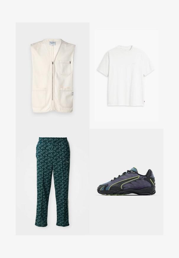 Beige ermeløs vest laget av bomull, med glidelås foran, to store lommer foran og en liten etikett på nedre høyre side.; Hvit bomull t-skjorte med korte ermer, rund hals og subtilt Levi's-logo trykt i midten. Myk tekstur og standard passform.; Grønne mønstrede bukser med et gentaget logodesign, elastisk talje og lige snit, vist mot en nøytral bakgrunn.; Svarte og lilla treningssko med teksturert overdel, grønne detaljer og gummisåle med bølget design. Snøring.