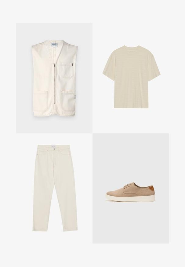 Bež brezrokavnik iz bombaža, z sprednjim zadrgo, dvema velikima sprednjima žepoma in majhno nalepko na spodnjem desnem delu.; T-maica kratkih rukava kremaste barve z diskretnim prugastim vzorcem in okroglim izrezom, izdelana iz lahkotnega blaga.; Beige jeans iz denima s ravnim krojem, ki ima pet žepov, gumbasto zapiranje in subtilne podrobnosti pri šivanju. Gladka tekstura.; Bež tkanine usnjene superge z zaobljenim nosom, vezalkami na sprednji strani in teksturiranim zadnjim detajlom. Belo gumijasto podplato zagotavlja kontrast. Enostaven in sodoben dizajn.