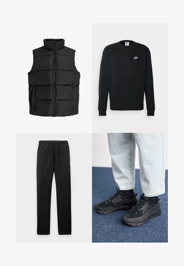 Zwarte gewatteerde vest met hoge kraag, horizontaal gestikte design, rits aan de voorkant en zijzakken; zachte, lichtgewicht stof.; Zwarte sweatshirt gemaakt van zacht materiaal, met een ronde halslijn, lange mouwen, geribbelde manchetten en een klein wit Nike-logo op de borst.; Zwarte sweatpants van fleece, met een elastische tailleband met trekkoorden, twee voorzakken en een klein logo op de dij.; Zwarte sportschoenen met gestructureerde stof en rubberen zolen, met elastische veters en een blauwe accent op de hiel. Draag samen met lichte spijkerbroeken.