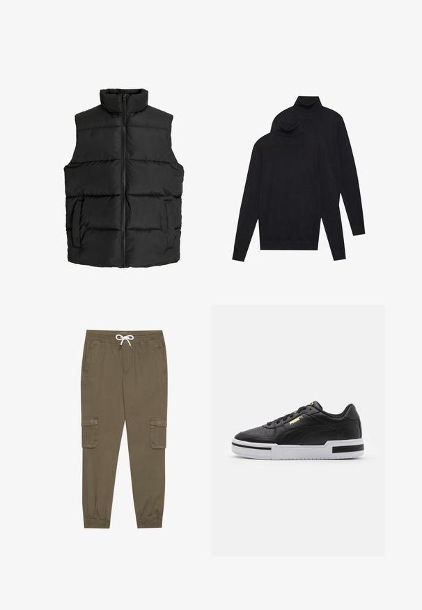 Czarna kamizelka puchowa z wysokim kołnierzem, poziomym pikowaniem, z zamkiem błyskawicznym z przodu i kieszeniami po bokach; gładki, lekki materiał.; Dwa czarne swetry z długimi rękawami i golfem, gładko plecione, ułożone jeden za drugim na białym tle.; Khaki spodnie cargo z elastycznym pasem i sznurkiem, z bocznymi kieszeniami i ściągaczami przy kostkach. Wykonane z teksturowanego, lekkiego materiału.; Czarny skórzany sneaker z białą podeszwą, perforowanym noskiem, złotym logotypem, wyściełanym kołnierzem i kontrastowymi czarnymi akcentami po bokach.