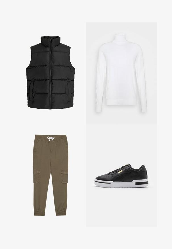 Schwarze Steppweste mit hohem Kragen, horizontal gestepptem Design, Frontreißverschluss und seitlichen Taschen; glattes, leichtes Material.; Weißer Rollkragenpullover mit langen Ärmeln, aus glattem Stoff gefertigt. Verfügt über eine taillierte Passform sowie gerippte Bündchen und Saum. Keine Muster oder Akzente.; Khaki Cargo-Hosen mit elastischem Bund und Kordelzug, aus seitlichen Taschen und umgeschlagenen Knöcheln. Hergestellt aus einem strukturierten, leichten Material.; Schwarze Leder sneaker mit weißer Mittelsohle, perforierter Zehenpartie, goldfarbenem Logodetail, gepolstertem Kragen und kontrastierenden schwarzen Akzenten an der Seite.