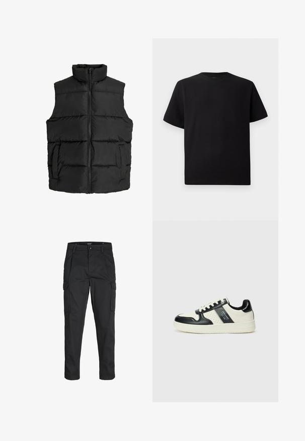 Zwarte gewatteerde vest met hoge kraag, horizontaal gestikte design, rits aan de voorkant en zijzakken; zachte, lichtgewicht stof.; Zwarte T-shirt met korte mouwen van gemerceriseerd stof, met een ronde halslijn en een relaxte pasvorm. Eenvoudig, zonder patronen of accenten.; Zwarte cargobroek van stevig stof, met meerdere zakken, een knoopsluiting en een slim fit ontwerp met taps toelopende benen.; Leren sneakers met een zwart en crèmekleurig kleurenschema, voorzien van geperforeerde accenten, een gevoerde kraag en een gestructureerde buitenzool.