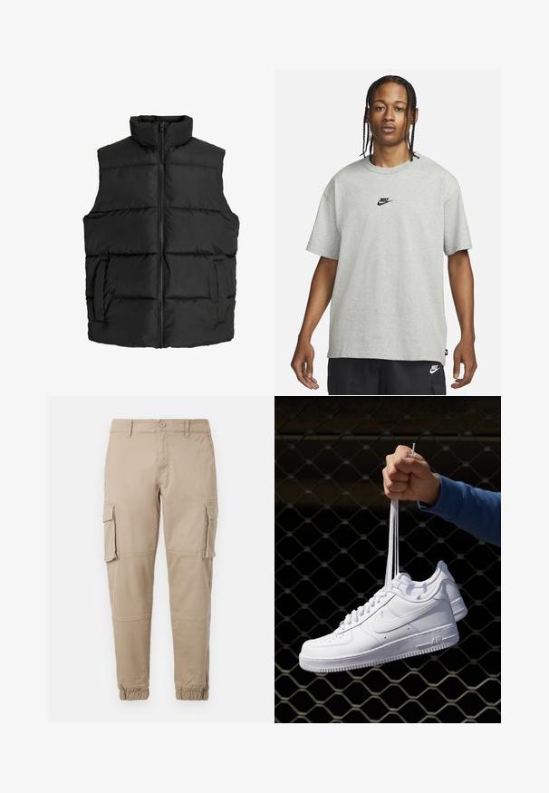 Schwarze Steppweste mit hohem Kragen, horizontal gestepptem Design, Frontreißverschluss und seitlichen Taschen; glattes, leichtes Material.; Junge Person mit geflochtenem Haar, die ein hellgraues Nike-T-Shirt und schwarze Nike-Shorts trägt, vor einem einfarbigen weißen Hintergrund.; Beige Cargo-Hosen aus leichtem Baumwollmaterial. Mit elastischen Bündchen, mehreren Seitentaschen und einem Knopfverschluss.; Weiße Leder-Sneaker mit Perforationen, runder Zehenpartie, flacher Sohle und dicken Schnürsenkeln, mit sichtbar eingesticktem Swoosh-Logo und "AIR" an der Ferse.