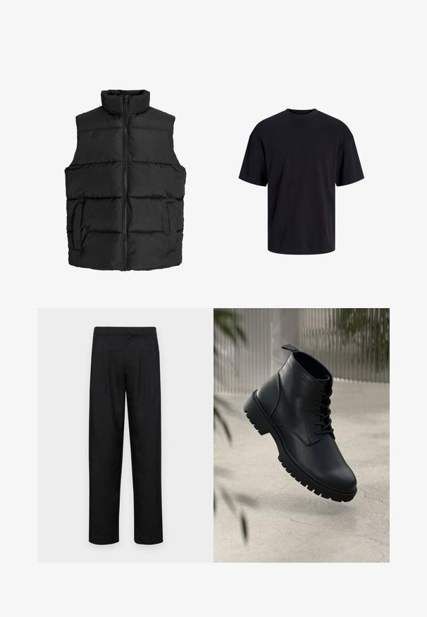 Black puffer vest with a high collar, horizontal quilted design, front zipper, and side pockets; smooth, lightweight fabric.; Black cotton t-shirt with a crew neckline, short sleeves, and a relaxed fit. Smooth texture and no visible patterns or accents.; Black trousers made of smooth fabric, featuring a straight-leg design, two front pleats, and standard waistband with belt loops.; Black leather ankle boots with a rounded toe, lace-up design, and rugged rubber sole. Smooth texture with a pull tab at the back.