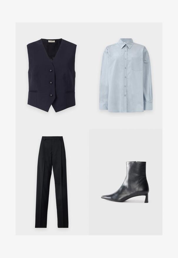 Colete sem mangas azul-marinho feito de tecido suave. Apresenta um decote em V profundo, cinco botões e dois bolsos horizontais com discretos detalhes de costura.; Camisa azul claro de manga longa, com colarinho pontudo e bolso no peito, disposta em cima de um fundo branco.; Calças pretas feitas de um tecido suave, com uma cintura alta, pernas largas, pregas frontais e passadores de cinto clássicos. Não há bolsos laterais visíveis.; Bota de tornozelo em pele preta com biqueira apontada e um design elegante. Apresenta um salto baixo e um fecho com zipper na parte de trás. Textura suave.