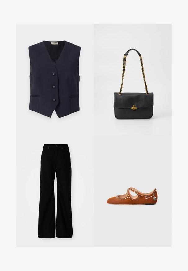 Marineblaue ärmellose Weste aus glattem Stoff. Verfügt über einen tiefen V-Ausschnitt, fünf Knöpfe und zwei horizontale Taschen mit dezenten Steppdetails.; Krèmi-farbene Kurzarm-T-Shirt mit rundem Ausschnitt, aus weichem Material gefertigt, mit geradem Schnitt und minimaler Ausstattung.; Schwarze weit geschnittene Hose aus Denim-Stoff. Verfügt über eine eng anliegende Taille, Vordertaschen und einen Knopfverschluss. Glatte Textur mit minimaler Ausstattung.; Braune Wildlederflats mit Ausschnittdesign, verziert mit silbernen Nieten und Sicherheitsnadeln, ausgestattet mit einem kleinen Schnallenriemen.; Schwarze Ledertasche mit einer umklappbaren Klappe, goldfarbenem Kettenriemen und Logohardware-Detail auf der Vorderseite. Glatte Textur.