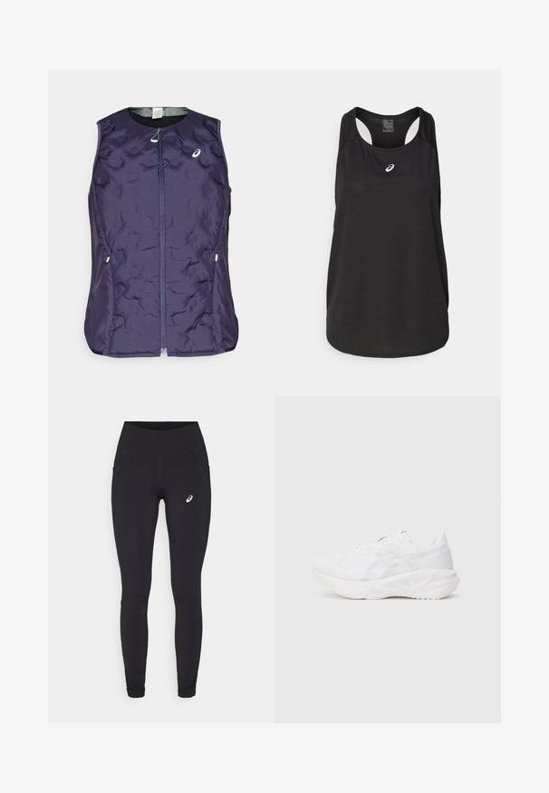 ASICS NAGINO RUN PADDED GILET - Vest - indigo fog; Svart treningssinglet laget av lett stoff. Har rund halslinning, racerback-design og en liten hvit logo på fronten.; ASICS NAGINO RUN - Løpetights - performance black; Hvite idrettssko med en pustende mesh-overdel og polstret såle, med et teksturert mønster og minimalistiske designelementer.