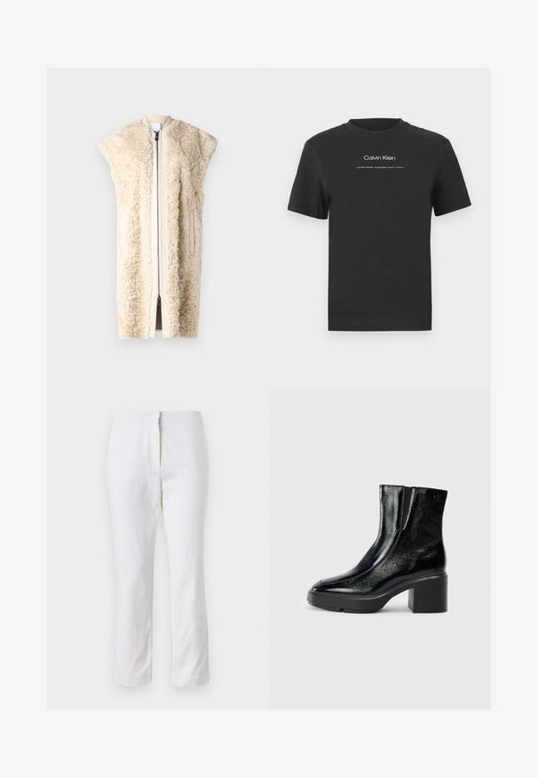 Gilet in pelliccia sintetica color crema con zip frontale, spalle oversize e tasche laterali. Tessuto morbido, design elegante e silhouette aperta.; T-shirt in cotone nero con scollo rotondo, maniche corte e logo stampato bianco "Calvin Klein" insieme al testo "Established 1968".; Pantaloni bianchi in cotone con design a gamba dritta, caratterizzati da una vita a media altezza e senza hardware o motivi visibili. Tessuto liscio su tutta la superficie.; Stivali alla caviglia in pelle verniciata nera con punta curva, pannelli laterali elasticizzati e tacco robusto. Presentano un logo impresso sul retro.