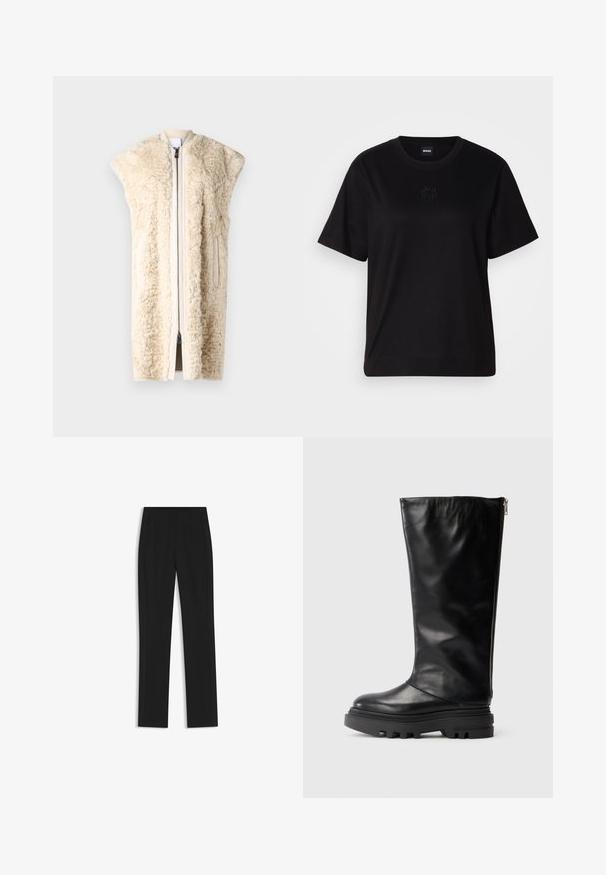 Faux-Fur-Weste in Creme mit einem Reißverschluss, übergroßen Schultern und Seitentaschen. Weicher Textur, elegantes Design und eine offene Silhouette.; Schwarzes Baumwoll-T-Shirt mit Rundhalsausschnitt, kurzen Ärmeln und aufgesticktem Logo auf der Brust. Einfacher, lässiger Schnitt ohne Muster.; Schwarze maßgeschneiderte Hose mit geradem Bein, ausgestattet mit Fronttaschen und einem glatten, strukturierten Stoff. Saubere, minimale Details.; Schwarze Lederkniehohe Stiefel mit runder Zehenpartie, grober Gummisohle und einem seitlichen Reißverschluss zum Schließen. Glatte Textur mit minimaler Verzierung.