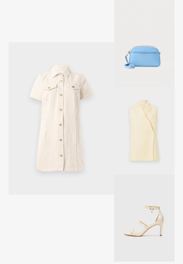 Bezrukávý žlutý blejzr s klopovým límcem, zapínáním na jeden knoflík a šitým střihem. Měkká tkanina s hladkou strukturou.; Krátký rukáv, světle béžové šaty z denimu, s knoflíkovým zapínáním vpředu, dvěma náprsními kapsami a zlatými kovovými akcenty.; Béžové sandály na vysokém podpatku s tenkým páskem přes kotník a dvěma horními pásky. Lesklý lakový povrch a zlaté detaily na pásku kolem kotníku.; Svetle modrá kožená crossbody taška se zlatými kovovými doplňky, zipovým uzávěrem a přední kapsou. Obsahuje nastavitelné ramenní popruh pro pohodlí.
