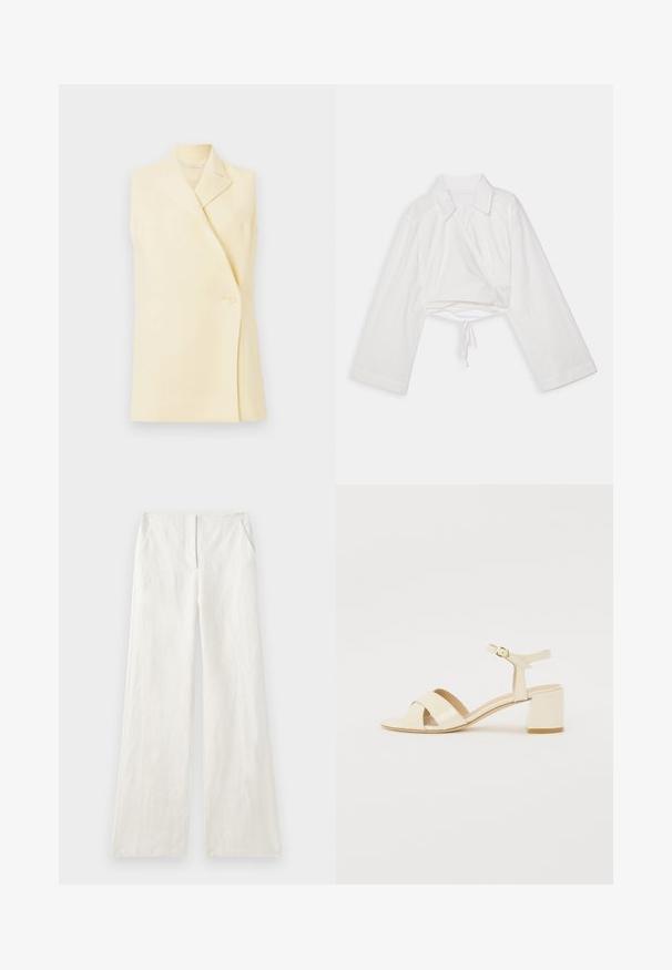 Bez piedurknēm dzeltenā žakete ar iegrieztu apkakli, vienu pogu un piegrieztu formu. Mīksta auduma ar gludu tekstūru.; Balta īsa krekla ar garām piedurknēm, apkakli un iepakojuma dizainu. Ar saiti apakšmalā un gludu, vieglu auduma tekstūru.; Gari bikses no lina oficiālā baltā krāsā, ar gludu faktūru, priekšējiem plisējumiem un sānu kabatām. Vienkāršs, neizpušķots dizains.; Bežīgi patentēti ādas sandalītes ar krustenisku siksnu dizainu, atvērtu pirkstu, regulējamu potītes siksnu un bloku papēdi. Gluda tekstūra.