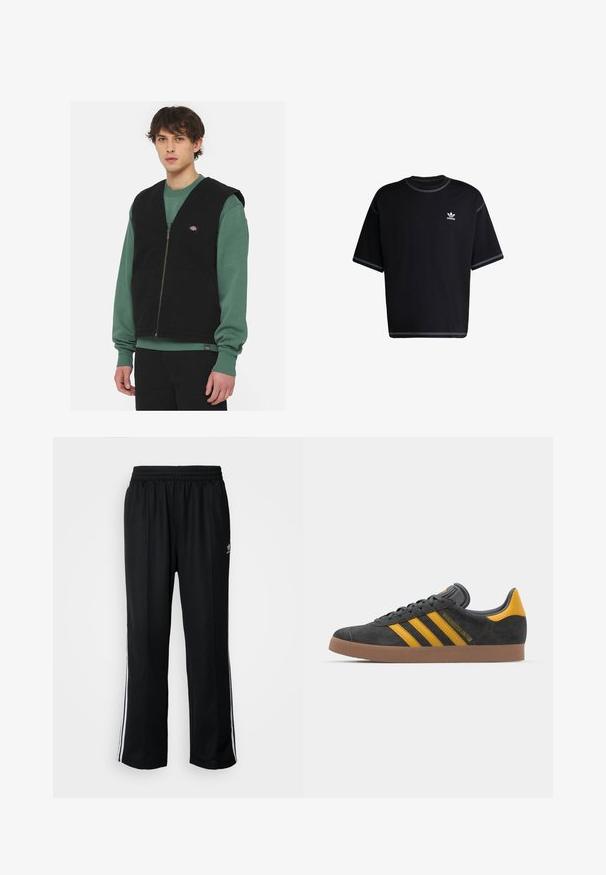 Crni traper prsluk s patentnim zatvaračem, dva prednja džepa i logotipom. Nosi se preko zelene dukserice s okruglim izrezom i dugim rukavima.; Crna pamučna majica kratkih rukava. Ima okrugli izrez i bijele šavove kao dekoraciju. Mali bijeli Adidas logo na lijevoj strani prsnog koša.; Crne sportske hlače s elastičnom trakom oko struka, s bijelim bočnim prugama i malim logotipom. Materijal izgleda mekan i lagan.; Crne nubuk tenisice s žutim detaljima, sa tri pruge i smešnim gumenim potplatom. Imaju jastučić na jeziku za udobnost.
