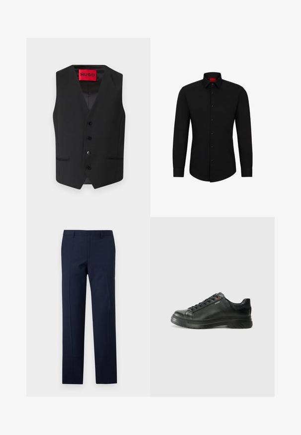 Juodas švarko liemenė su lygiu paviršiumi, V formos iškirpte, penkiais sagų užsegimais ir dviem šoniniais kišenėmis. Etiketė su užrašu "HUGO" raudonai.; Juodas ilgomis rankovėmis marškinis su sagų užsegimu, klasikinė apykaklė ir apvalus kraštas; su juodomis sague ir raudona logo apykaklės viduje.; Tamsiai mėlyni kelnių su pritaikytu siluetu, pasižyminčiomis lygiu tekstūra, ryškiomis klostėmis ir plokščiu priekiu. Paslėptas užtrauktukas.; Juodos odinės sportinės bateliai su tekstūruota viršutine dalimi, paminkštinta apykakle ir raudonu logotipo akcentu. Yra storas guminis padas su išskirtiniu protektoriaus raštu.