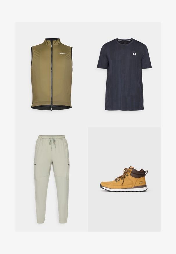 Olivgrön ärmlös cykelväst, lättviktsmaterial, hög krage, dragkedja fram, meshpanel nederst, med GripGrab-logotyp på bröstet.; Mörkblå kortärmad t-shirt gjord av andningsbart tyg, med ett texturerat mönster och en vit Under Armour-logotyp på bröstet.; Ljusgröna joggerbyxor i lättviktsmaterial, med elastisk midja, dragsnöre och två sidofickor.; Bruna och gula högskurna vandringsskor med en strukturerad mocka ovandel, metallöglor och en vit mellansula. Har en bakre dragtab.