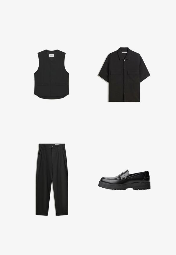 Gilet senza maniche nero realizzato in tessuto morbido, con chiusura a bottoni sul davanti, due tasche frontali e un design dell'orlo arrotondato. Etichetta del marchio visibile.; Camicetta nera a maniche corte realizzata in tessuto con una trama liscia, presenta due tasche frontali, un colletto classico e chiusura con bottoni.; Pantaloni in cotone neri con una vestibilità rilassata, dotati di una vita classica, pieghe frontali e tasche laterali. Tessuto liscio senza fantasie.; Mocassino in pelle nera con suola spessa e tassellata e fascia decorativa sulla parte superiore, mostrato in profilo sinistro su sfondo bianco.