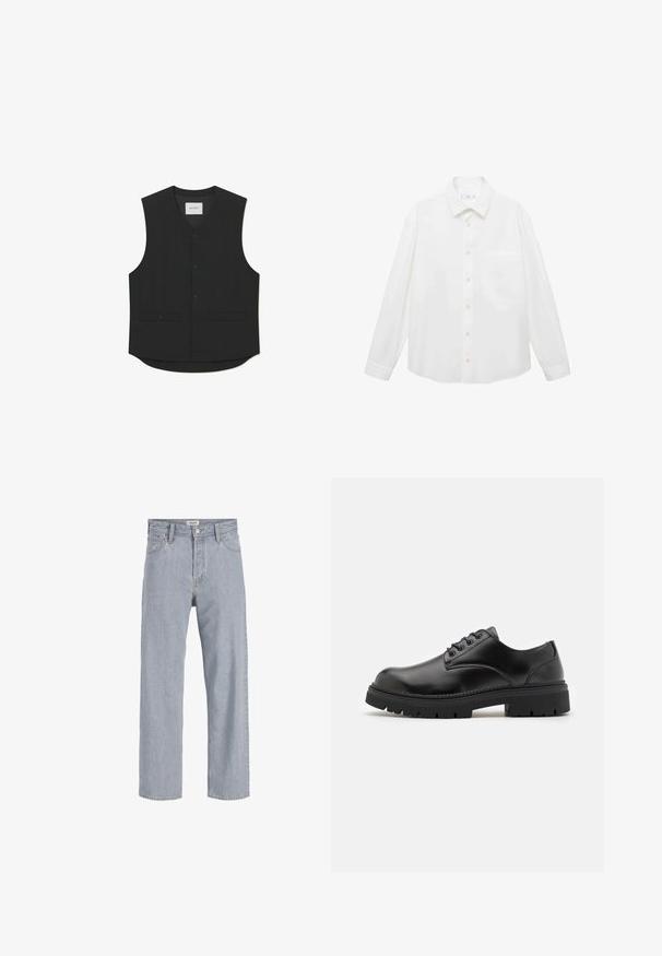 Sort ærmeløs vest lavet af glat stof med knaplukning foran, to forlommer og et afrundet form. Brandmærke synligt.; Mango ANTARES - Skjorter - white; Lysblå denimjeans med en afslappet pasform, lige benudforming, synlige syninger, to forlommer og knaplukning.; Sorte lædersko med rund tå, snørelukning og en tykk, struktureret gummisål. Har syninger langs kanten og en glat overflade.