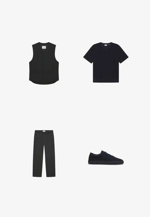 Chaleco negro sin mangas hecho de tejido suave, con cierre de botones en el frente, dos bolsillos frontales y un diseño de dobladillo redondeado. Etiqueta de marca visible.; Camiseta negra de manga corta hecha de material texturizado, con cuello redondo y dobladillo recto. Sin patrones ni acentos visibles.; Pantalones negros de tejido ligero. Presentan un diseño de pierna recta con un frente plano, bolsillos laterales y una cinturilla discreta.; Les Deux TEDDY - Zapatillas - dark navy