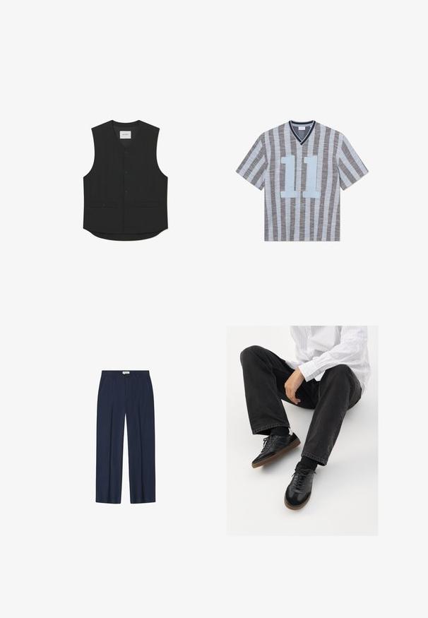 Czarna bezrękawnik wykonany z gładkiego materiału, z zapięciem na guziki z przodu, dwoma przednimi kieszeniami oraz zaokrąglonym dołem. Widoczna metka marki.; Pasiasty t-shirt z krótkim rękawem w cienkie niebieskie i szare paski. Posiada dekolt w serek, odważne niebieskie "11" z przodu i fakturowany materiał.; Granatowe spodnie z plisowanym przodem, prostymi nogawkami i dwoma bocznymi kieszeniami. Wykonane z gładkiego, lekkiego materiału.; Czarne sneakersy z gładką i textured cholewką, z gumową podeszwą i ciemnymi sznurowadłami. Połączone z czarnymi dżinsami i bluzką w białe paski.