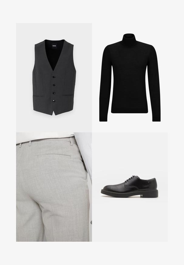 Sötétszürke mellény, karcsú fazonnal, öt gombos záródással, fodros hajtókákkal és két elülső zsebbel. Texturált anyagból készült. Márkajelzés: BOSS.; Fekete garbó pulóver puha anyagból, hosszú ujjakkal és szoros fazonnal. Ribbed díszítés az alján és az ujjak végén. Egyszerű dizájn.; Világosszürke, texturált anyagból készült szabott nadrág, egyetlen hátsó zsebbel és tiszta varrással.; Fekete bőrcipő, kerek orrú, sima felületű, minimális varrással és alacsony gumitalppal. Logó a sarokrészen.