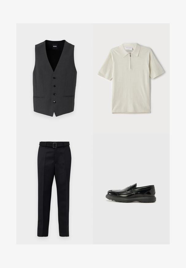 Tamsiai pilkas liemenė su siauru siluetu, penkių mygtukų uždarymu, notch tipo atvartais ir dviem priekinių kišenių. Pagaminta iš tekstūrinio audinio. Prekės ženklas: BOSS.; Šviesiai bežinis trumpomis rankovėmis polo marškinėliai su užtrauktuku ant apykaklės. Pagaminti iš lygaus audinio, pasižymi paprastu, moderniu dizainu be raštų.; Juodos pritaikytos kelnės turi lygią medžiagą, tiesų kirpimą ir diržą su stačiakampiu sagtimi. Išskirtiniai priekiniai raukšliai pagerina dizainą.; Juodas odinis loaferis su blizgiu paviršiumi, apvaliu pirštu, subtiliais siūlių detalėmis ir storu guminio pado, užtikrinančio ilgaamžiškumą.