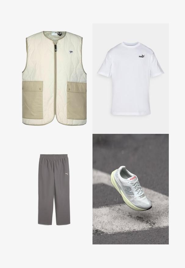 Wattierte ärmellose Weste in Creme und Beige, mit Reißverschluss vorne, zwei großen Vorderfächern, gestepptem Muster und dezentem Branding.; Weißes Baumwoll-T-Shirt mit kurzen Ärmeln, mit einem schwarzen Puma-Logo auf der linken Brust. Runder Halsausschnitt, normale Passform, glatte Textur.; Graue Sportpants mit einem elastischen Bund, aus leichtem Stoff gefertigt. Auf dem linken Bein befindet sich ein kleines weißes Logo.; Leichter Laufschuh mit einem weißen Mesh-Obermaterial, gelber Zwischensohle und grauen Akzenten. Enthält ein auffälliges ‚N‘-Logo und eine strukturierte Oberfläche.