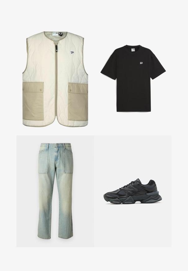 Padded sleeveless vest in cream and beige, featuring a zip front, two large front pockets, quilted texture, and subtle branding.; Black short-sleeve t-shirt made of cotton, featuring a crew neckline and small white logo on the chest. Simple, relaxed fit.; Light blue denim jeans with a straight leg cut, visible stitching, and two large front pockets. The fabric has a faded texture.; Black running shoe featuring a mix of mesh and synthetic materials, chunky sole, curved design, and prominent branding on the side.