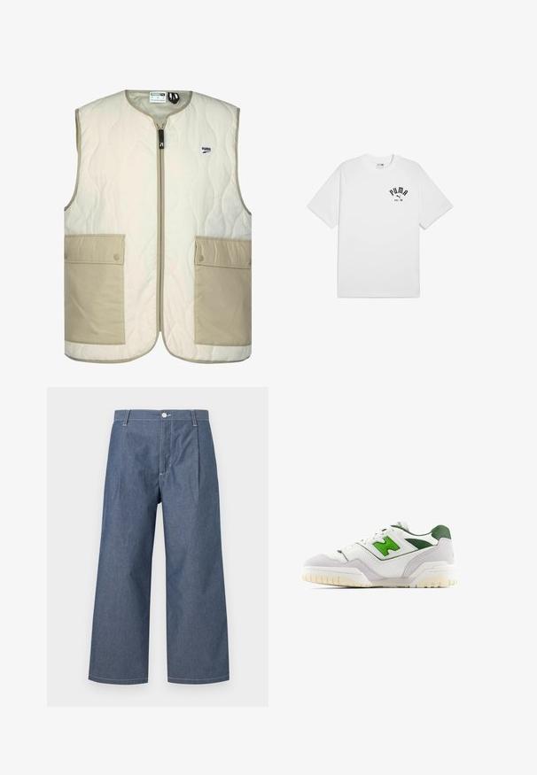 Gevoerde mouwloze vest in crème en beige, met een ritssluiting aan de voorkant, twee grote voorkozen, een gewatteerde textuur en subtiele branding.; Witte katoenen t-shirt met korte mouwen en een ronde halslijn, voorzien van een zwart bedrukt logo op de borst. Eenvoudig, klassiek ontwerp.; Lichte spijkerbroek in een donkerblauwe tint, met hoge taille, wijde benen, plooien aan de voorkant en een knoopsluiting.; Witte sneaker met groene accenten, gemaakt van leer en suède. Heeft een gestructureerde bovenkant, een gevoerde kraag en een rubberen zool met zichtbare loopnoppen.