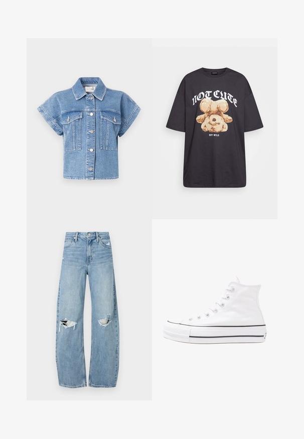 Jachetă din denim albastru deschis, cu mâneci scurte, guler, închidere cu nasturi și două buzunare mari pe piept. Prezintă cusături și nasturi argintii.; Tricou oversized negru featuring un grafic cu un urs și textul „NU E DRĂGUȚ DAR SUNT SĂLBATIC” în litere albe, îndrăznețe. Material din bumbac.; Jeans de denim, de un bleu deschis, cu talie înaltă. Au picioare late, două zone rupte la genunchi și un stil clasic cu cinci buzunare.; Adidași albi tip pantofi sport cu glezna din pânză, cu talpă din cauciuc negru, capac de vârf din cauciuc frontal și șase ochiuri pentru șireturi, având un design curat și minimalist.