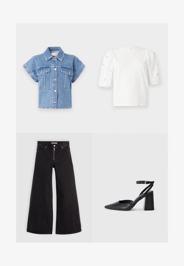 Jachetă din denim albastru deschis, cu mâneci scurte, guler, închidere cu nasturi și două buzunare mari pe piept. Prezintă cusături și nasturi argintii.; Tricou alb din bumbac cu mâneci scurte tip bufantă, având mici embellisheuri argintii pe mâneci. Decolteu clasic rotund, croială lejeră.; Jeans cu picioare largi din denim negru, cu fermoar în față, design cu cinci buzunare și detalii subtile de cusătură. Textură netedă și stil casual.; Pantofii cu toc ascuțit din piele neagră, cu breteaua pentru glezne și toc gros. Textură netedă, design elegant și estetică minimală.
