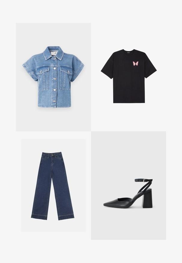 Light blue denim short-sleeve jacket with a collared neck, button front, and two large chest pockets. Features stitching and silver buttons.; Black cotton t-shirt with short sleeves, featuring a small pink butterfly graphic on the left chest. Crew neck design with a relaxed fit.; Wide-leg jeans in dark blue denim. Features five pockets, belt loops, and a raw hem at the bottom with visible stitching details.; Black leather pointy-toe pump with an ankle strap and a chunky heel. Flat texture, sleek design, and minimalistic aesthetics.