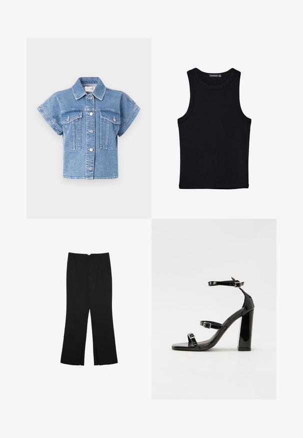 Světle modrá džínová bunda s krátkým rukávem, s límečkem, zapínáním na knoflíky a dvěma velkými náprsními kapsami. Obsahuje prošívání a stříbrné knoflíky.; Černý top na ramínka vyrobený z bavlny, s kulatým výstřihem a širokými průramky. Hladká textura s prošitými lemy. Klasický, minimalistický design.; Černé kalhoty s rovným střihem, s předními kapsami a bočními rozparky na lemu. Vyrobené z jemné, hladké tkaniny. Vhodné na různé příležitosti.; Černé lakované sandály na vysokém podpatku se dvěma pásky se sponami, čtvercovou špičkou a robustním blokovým podpatkem, s hladkou, lesklou texturou.