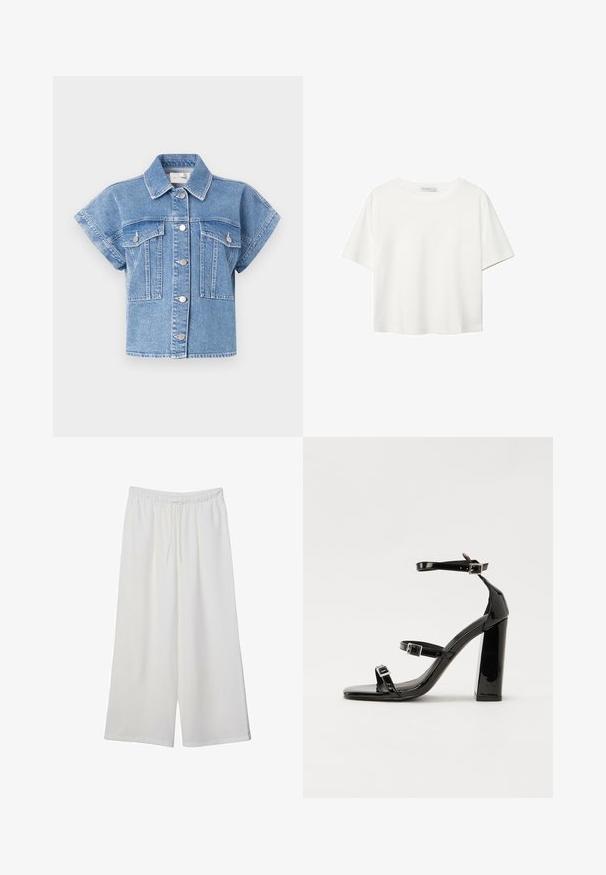 Hellblaues Jeansjackett mit kurzen Ärmeln, Kragen, Knopfverschluss und zwei großen Brusttaschen. Verziert mit Nähten und silbernen Knöpfen.; Weißes T-Shirt mit kurzen Ärmeln aus Baumwolle. Hat einen Rundhalsausschnitt und eine lockere Passform. Glatte Textur ohne sichtbare Muster oder Akzente.; Weiße, weit geschnittene Hosen aus leichtem Stoff, mit einem elastischen Bund und einem Zugband für eine verstellbare Passform. Glatte Textur.; Schwarze patentierte Sandalen mit Absatz, quadratischer Spitze, Knöchelriemen und silbernen Schnallen. Mit einem stabilen Blockabsatz für mehr Stabilität.