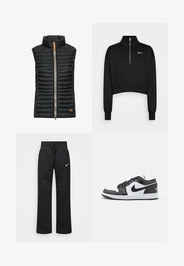 Zwarte gewatteerde vest met hoge kraag, horizontale stiksels, zilveren rits aan de voorkant en kleine bruine leren accent aan de onderzijde van de linkerkant.; Zwarte cropped sweatshirt met een hoge kraag, halve rits, geribde manchetten en een klein wit Nike-logo op de linkerkant van de borst. Zachte stoffen textuur.; Zwarte sweatpants van een katoenmix, voorzien van een tailleband met koord, rechte pijpen, en een wit Nike-logo aan de linkerzijde.; Zwart-witte Nike lage sneakers hebben een glad leren bovenwerk, een ronde neus, vetersluiting en een gestippelde rubberen zool.