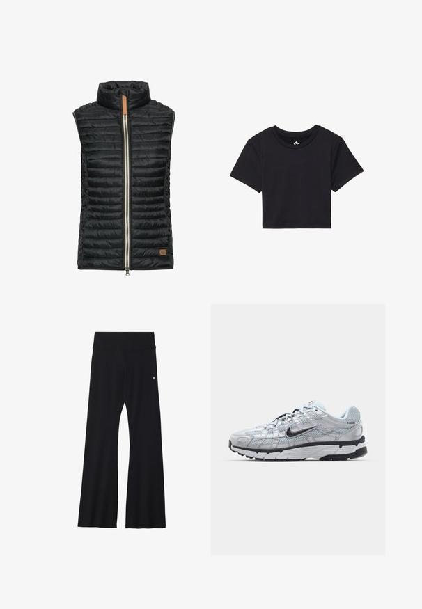 Schwarze gepolsterte Weste mit hohem Kragen, horizontalen Nähten, silbernem Frontreißverschluss und kleinem braunen Lederakzent an der unteren linken Seite.; Schwarzes, kurzes T-Shirt mit kurzen Ärmeln, rundem Ausschnitt, aus glattem Stoff. Minimalistisches Design ohne sichtbare Muster oder Akzente.; Schwarze, ausgestellte Yogahosen aus elastischem Material, mit einem breiten Bund und einem kleinen Logo nahe der Hüfte. Glatte Textur, keine Muster.; Nike P-6000 Sneakers mit einem Obermaterial aus leichtem grauem Mesh, schwarzen Akzenten und einer langlebigen schwarzen Gummisohle. Verfügt über ein komplexes Design und ein Schnürsystem.
