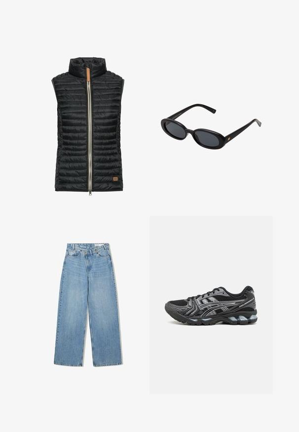 Zwarte gewatteerde vest met hoge kraag, horizontale stiksels, zilveren rits aan de voorkant en kleine bruine leren accent aan de onderzijde van de linkerkant.; Effen witte langslopende shirt met lange mouwen, ronde hals, van achteren weergegeven, plat gelegd op een witte achtergrond.; Lichtblauwe wijde jeans van denim, met een hoge taille, vijf zakken, knoopsluiting en subtiele vervaging voor textuur.; Zwarte sportschoen met een bovenwerk van mesh, zilveren accenten en een gevoerde zool. Beschikt over een vetersluiting en een gestructureerde loopzool voor grip.; Zwarte oversized zonnebril met ovale lenzen, een glad plastic montuur en gouden accenten op de pootjes. Donkere lenzen bieden bescherming tegen de zon.
