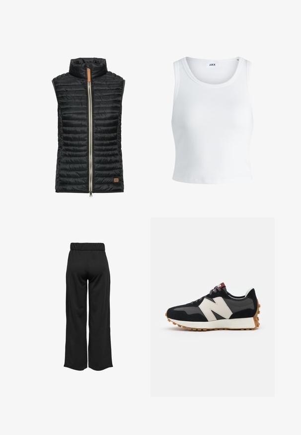 Sort polstret vest med høj krave, vandret syninger, sølvfarvet frontlynlås og lille brun læderdetalje nederst til venstre.; Hvid ribbet tanktop med rund halsudskæring, ærmeløs design og cropped længde. Etiketten står der "JJXX." Glat stoftekstur.; Sorte, vide bukser med elastisk talje, lavet af glat stof. Har et enkelt design uden lommer eller synlige sømdetaljer.; Sort og grå ruskinds sneakers med et stort cremefarvet "N" logo, lilla snørebånd og en struktureret gummisål.