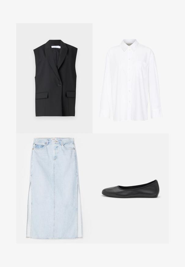 Black sleeveless blazer made of smooth fabric featuring a notched collar, one button closure, and two front pockets.; White long-sleeve collared shirt made of cotton. Features a button-down front and a single chest pocket. Smooth texture, relaxed fit.; Light blue denim maxi skirt with a straight cut, featuring side slits and five-pocket design. Prominent stitching and metal button closure.; Black leather ballet flat with a rounded toe, smooth texture, minimal stitching detail, and a flexible sole design.