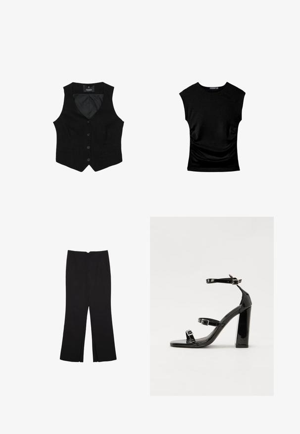 Sort vest med en v-udskæring, fem knapper foran, to sidelommer og en glat indvendig foring. Ingen synlige mønstre eller hardware-detaljer.; Sort kortærmet tætsiddende top med rund halsudskæring og let rynkedetalje på begge sider, lagt fladt på hvid baggrund.; Sorte bukser med lige pasform, der har frontlommer og slidser i kanten. Lavet af blødt, glat stof. Velegnet til forskellige anledninger.; Sorte patenterede hælsandaler med firkantet tå, ankelremme og sølvspænder. Har en chunky blokHæl for stabilitet.