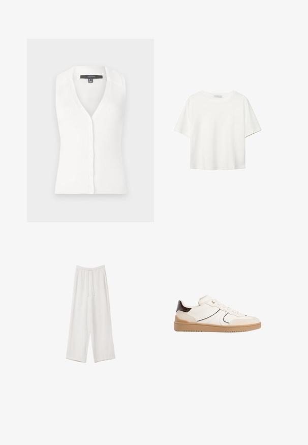 Bela rebrasta pletena brezrokavnik, z V-izrezom in šestimi gumbi spredaj. Ovraten dizajn z mehkimi teksturami.; Bela kratka majica s kratkimi rokavi iz bombaža. Ima okroglo izrezovanje in sproščen kroj. Gladka tekstura brez vidnih vzorcev ali poudarkov.; Bele široke hlače iz lahkega materiala. Imajo elastičen pas s vrvico in stranske žepe. Gladka tekstura.; Stradivarius Športni copati - white