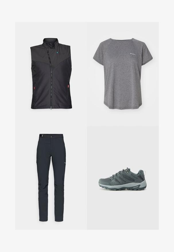Crni, izolirani prsluk s visokim ovratnikom, zatvaranjem na patentni zatvarač, bočnim džepovima i mrežnim detaljima sprijeda. Lagani, elegantni dizajn.; Siva majica kratkih rukava koja sadrži suptilan teksturirani uzorak, okrugli izrez i Columbia logotip na prsima. Mekani materijal, opušteni kroj.; Muške outdoor hlače, tamno sive boje, izrađene od fleksibilnog materijala, s remenom, džepovima na patentni zatvarač i ojačanim šavovima.; Tamno sivi planinarski cipele s mrežastim i nubuk gornjim dijelom, vezivanje, uložak s jastučićem i robusna potplata s uzorkom za prianjanje.