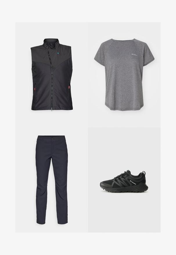 Black insulated vest with high collar, zip closure, side pockets, and mesh accents on the front. Lightweight, sleek design.; Gray short-sleeve shirt featuring a subtle textured pattern, round neckline, and Columbia logo on the chest. Soft fabric, relaxed fit.; Navy blue pants made of smooth fabric, featuring a front button closure, slim-fit design, and creased detailing at the knees.; Columbia PEAKFREAK - Hiking shoes - black