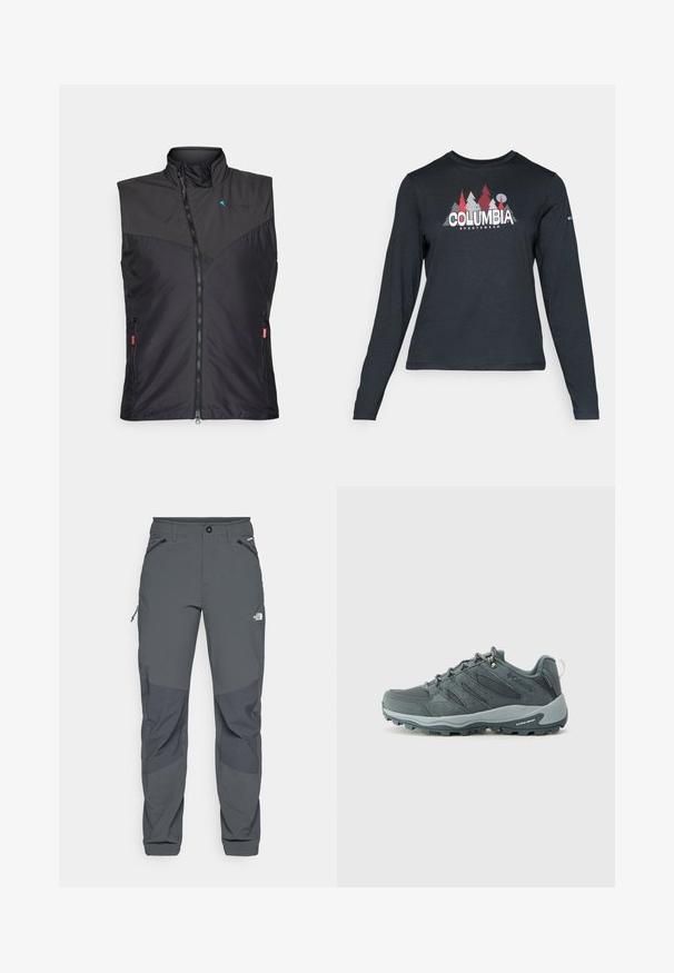 Melna siltumizolēta veste ar augstu apkakli, ar rāvējslēdzēja aizdari, sānu kabatām un mīkstu akcentu uz priekšpuses. Vieglas, elegants dizains.; Tumšs pelēks krekls ar garām piedurknēm, ar grafiku, kurā attēloti sarkani koki un kalni; "COLUMBIA" logo treknā baltā tekstā. Mīksta auduma, standarta apaļa kakla izgriezums.; Tumši pelēki ārējie bikses ar pastiprinātiem ceļiem, ar rāvējslēdzējiem sānu un priekšējiem kabatām, pogu aizdari un The North Face logotipu uz augšstilba.; Tumši pelēki pārgājienu apavi ar sietu un zamšu augšdaļu, saistīšanas dizains, mīksts zole un izturīga ārējā zole ar saķeres rakstu.