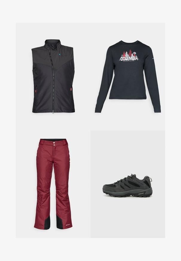Must Black isolatsiooni vest kõrge kraega, lukuga, küljetaskute ja ettepoole paigutatud võrkaktsentidega. Kerge, stiilne disain.; Pikend varrukatega tumehall särk, millel on punaste puude ja mägede graafika; "COLUMBIA" logo julge valge tekstiga. Pehme kangas, tavaline ümmargune kaelus.; Punased veekindlad suusapüksid sirge lõikega, kahe esi-taskuga, lukuga küljeava ja mustade aktsentidega pahkluude juures. Reguleeritav vöökoht.; Columbia REDMOND - Matkajalatsid - black/citron haze
