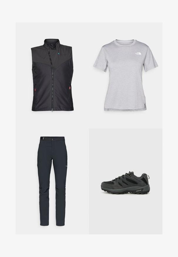 Black insulated vest with high collar, zip closure, side pockets, and mesh accents on the front. Lightweight, sleek design.; Grey short-sleeve t-shirt made of soft, moisture-wicking fabric. Features a crew neck and a small white logo on the upper left.; Men's outdoor pants, dark gray, made from flexible material, featuring a belt, zippered pockets, and reinforced stitching.; Columbia REDMOND - Hiking shoes - black/citron haze