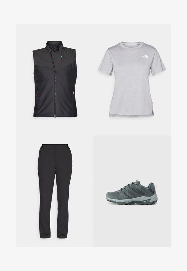 Juodas izoliuotas liemenė su aukštu apykakle, užtrauktuko uždarymu, šoninėmis kišenėmis ir tinklinėmis detalėmis priekyje. Lengvas, elegantiškas dizainas.; Pilkas trumpomis rankovėmis marškinėliai, pagaminti iš minkštos, drėgmę sugeriančios medžiagos. Turi apvalią iškirptę ir mažą baltą logotipą viršutiniame kairiajame kampe.; Juodi lauko kelnes, pagamintos iš lengvos medžiagos, turi tiesius kelnių kirpimus, užtrauktukais uždaromas šonines kišenes ir reguliuojamą juosmenį.; Tamsiai pilki žygio batai su tinklinėmis ir zomšinėmis viršutinėmis dalimis, su raišteliais, paminkštintu padu ir tvirtu padu su įpjovų raštu.