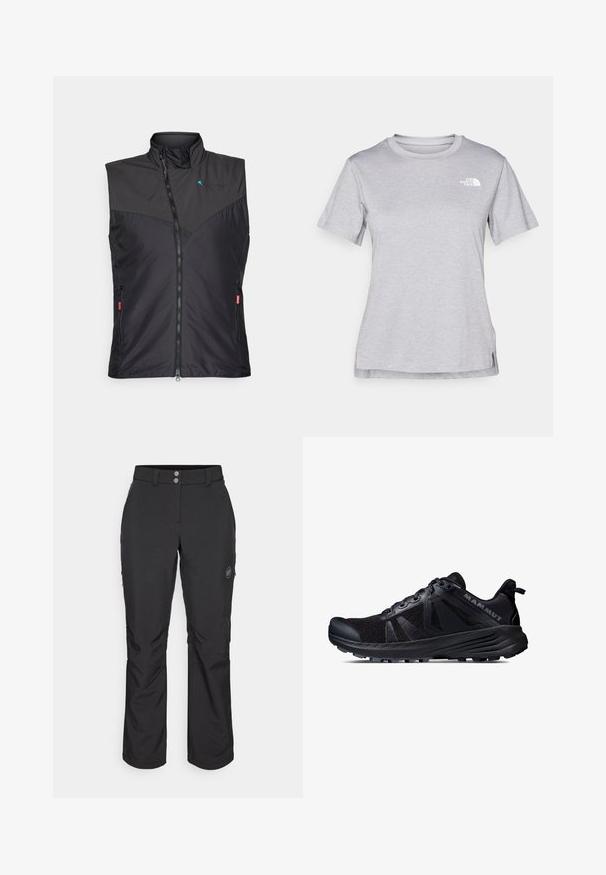 Czarna ocieplana kamizelka z wysokim kołnierzem, zamek błyskawiczny, kieszenie po bokach oraz siatkowe akcenty z przodu. Lekka, nowoczesna sylwetka.; Szara, krótkozasięgowa koszulka wykonana z miękkiego, odprowadzającego wilgoć materiału. Posiada okrągły dekolt oraz małe białe logo w górnym lewym rogu.; Czarne spodnie outdoorowe o prostym kroju, z zapięciem na guzik, zapinanymi na zamek bocznymi kieszeniami oraz naszywką z logo na lewej udzie.; Czarne buty do biegania w terenie z siateczkową cholewką i gumową podeszwą. Posiadają teksturowane wstawki, wzmocniony czubek oraz logo marki na pięcie.