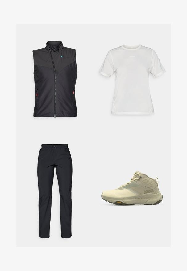 Must Black isolatsiooni vest kõrge kraega, lukuga, küljetaskute ja ettepoole paigutatud võrkaktsentidega. Kerge, stiilne disain.; Valge lühikeste varrukatega sportlikest võrkkanga särk, ümar kaelus ja väike "Salomon" logo keskel rinnal.; Must töötlusteid, mustad, kergekaalulised, veekindlad püksid elastse vöökohtaga ja kahe küljetaskuga; sile tekstuur; sirge jala disain.; Hoka matkasaapad heledas beežis, millel on tekstureeritud ülemine osa, paelad ja Vibram välispohjaga. Erakordne külgmine logo ja toetav disain.