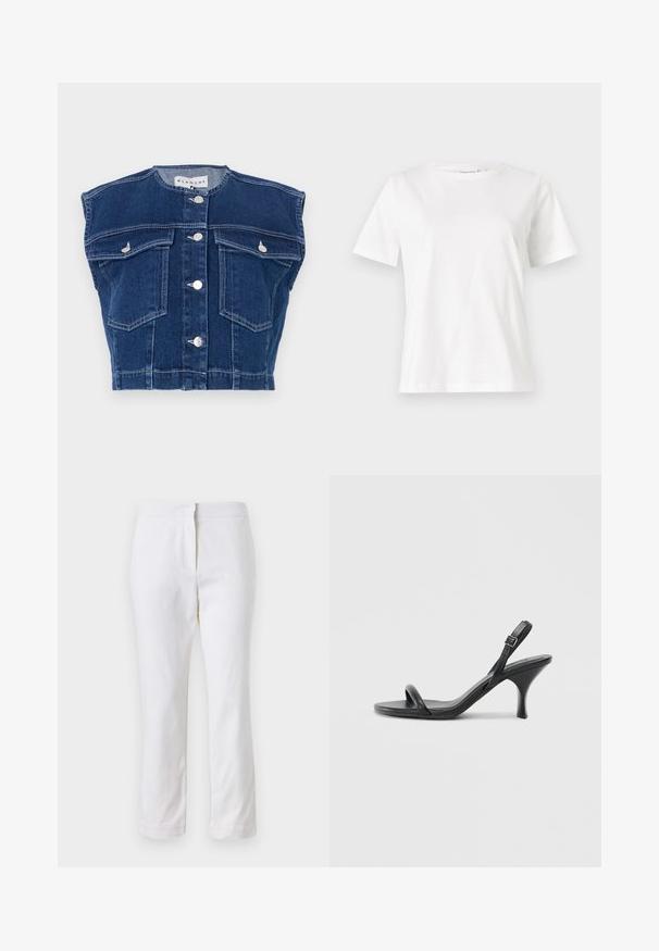 Tamno plavi teksas prsluk s okruglim izrezom, bez rukava, četiri prednja džepa i srebrnim gumbima duž prednje strane.; Bijela pamučna majica s kratkim rukavima, okruglim izrezom i opuštenim krojem. Glatka tekstura, bez uzoraka ili akcenata, minimalistički dizajn.; Bijele pamučne hlače ravnog kroja, sa strukom srednje visine i bez vidljivih metalnih dijelova ili uzoraka. Glatka tekstura kroz cijelu dužinu.; Crne kožne sandale na visoku petu s tankom, zakrivljenom petom i dizajnom prekriženih traka. Podesiva traka oko gležnja. Glatka tekstura.