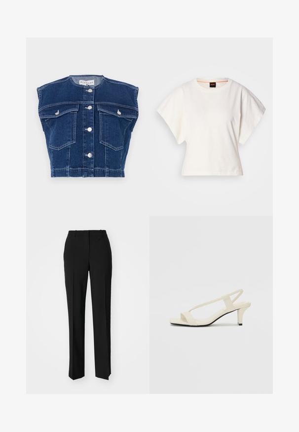 Tamsiai mėlyna džinsinė liemenė su apvaliu iškirpimu, be rankovių, keturiais priekiais kišenėmis ir sidabriniais mygtukais ties priekiu.; Baltas trumpas marškinėliai, plačios trumpomis rankovėmis, minkšta medvilnė, apvali kaklo iškirptė su subtiliu oranžiniu apvadu, minimalus dizainas, be raštų ar grafikų.; Juodi pritaikyti kelnių modeliai su tiesiomis kojomis, pasižyminčios lygiomis tekstūromis ir ryškiomis klostėmis priekyje. Nėra matomų detalių.; Kreminės blokų kulno šlepetės su plonomis dirželiais ir kvadratiniu pirštu. Lygus medžiaga su minimaliais akcentais, sukurtos lengvam dėvėjimui.